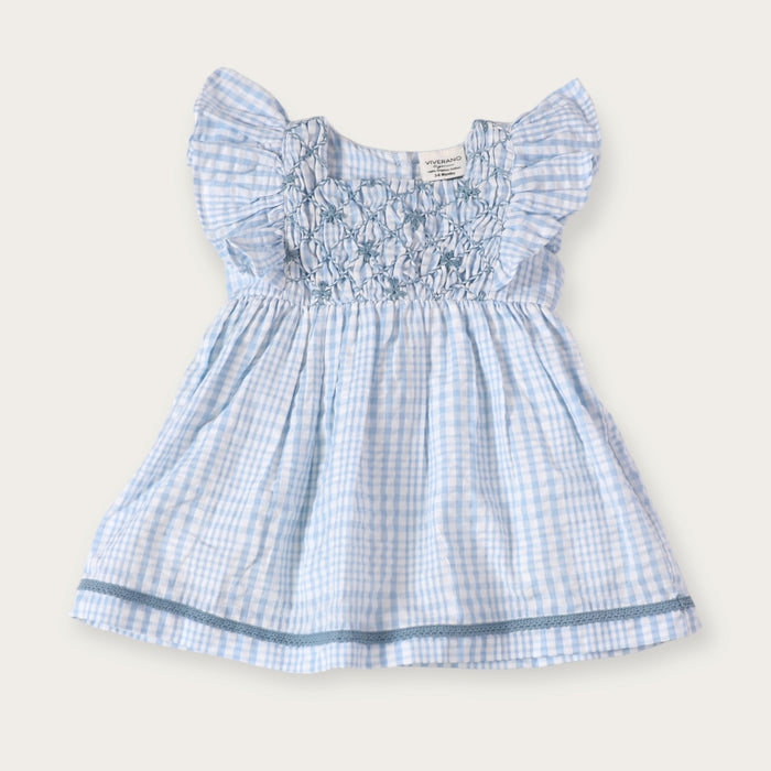 Anna Hand Smocked Seersucker Baby Dress+Bloomer (Organic Cotton)