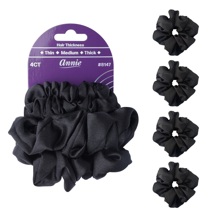 Annie Satin Scrunchies Thin & Regular, 4 Count Fancy Hair Ties, Black