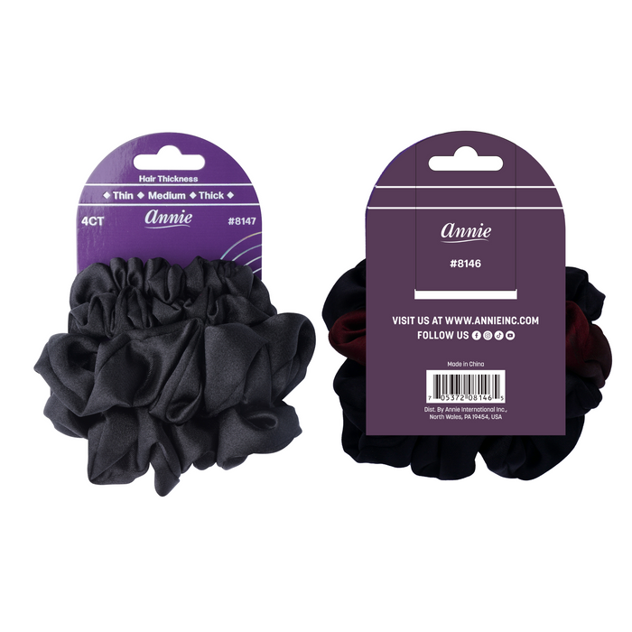 Annie Satin Scrunchies Thin & Regular, 4 Count Fancy Hair Ties, Black