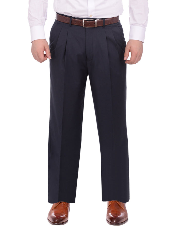 Armanno Uomo Regular Fit Solid Navy Blue Double Pleated Unhemmed Dress Pants - The Suit Depot