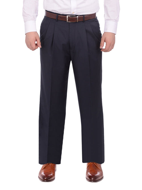 Armanno Uomo Regular Fit Solid Navy Blue Double Pleated Unhemmed Dress Pants - The Suit Depot