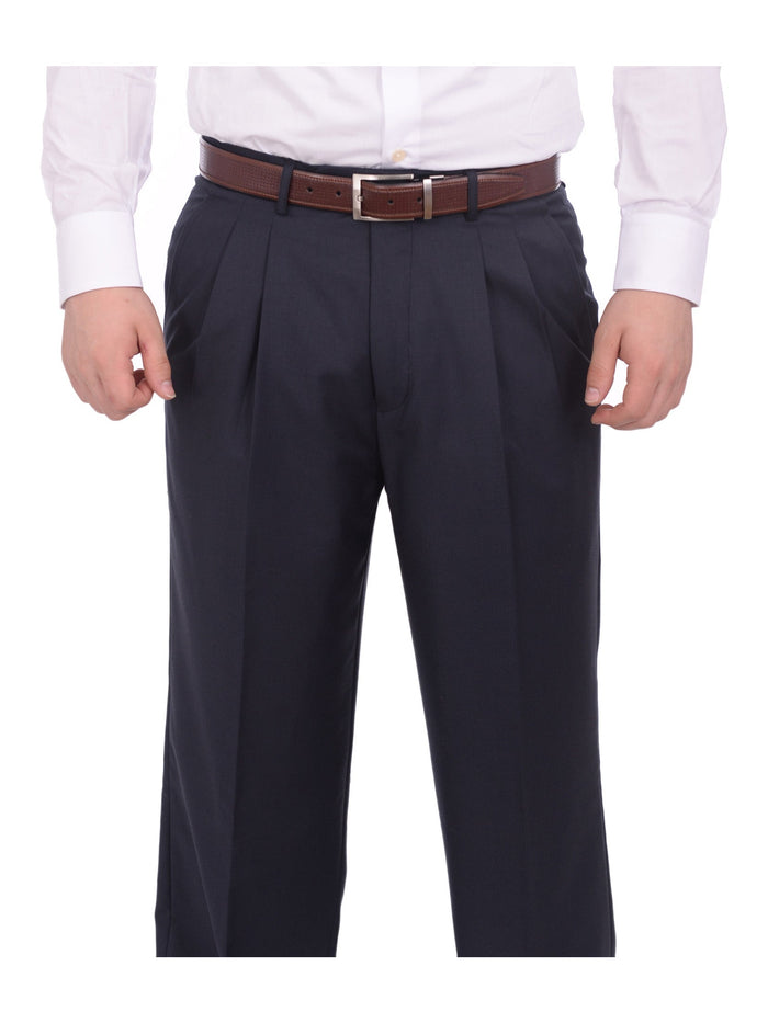 Armanno Uomo Regular Fit Solid Navy Blue Double Pleated Unhemmed Dress Pants - The Suit Depot