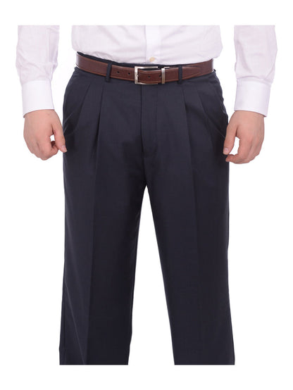 Armanno Uomo Regular Fit Solid Navy Blue Double Pleated Unhemmed Dress Pants - The Suit Depot