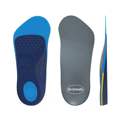 Blue and gray Dr. Scholl's arthritis support insoles shown front, back, and side