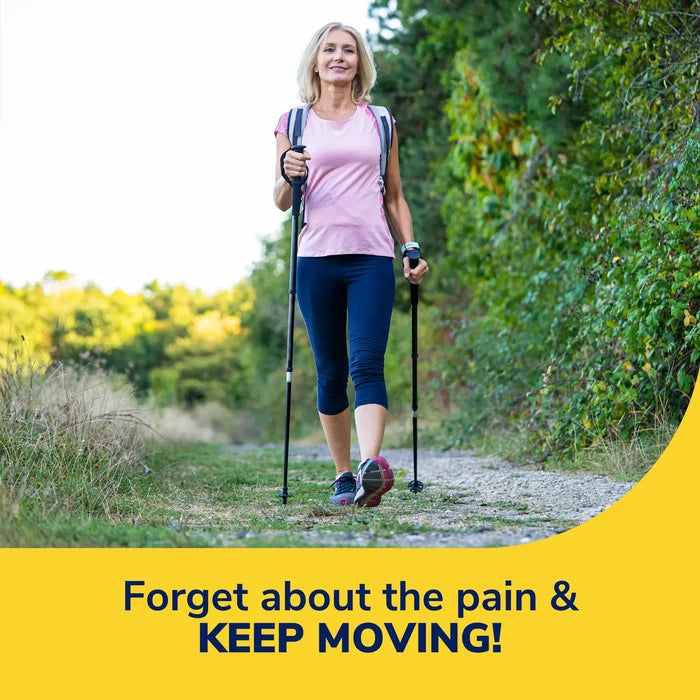 Woman walking outdoors wearing athletic shoes, with arthritis support insoles promotion