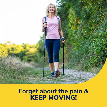 Woman walking outdoors wearing athletic shoes, with arthritis support insoles promotion