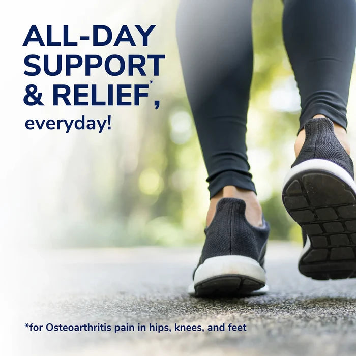 Close-up of walking shoes on pavement with arthritis support insole promotion