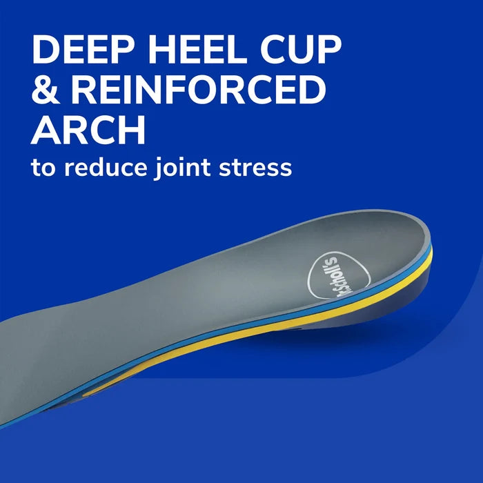 Close-up of gray insole with deep heel cup and yellow support edge