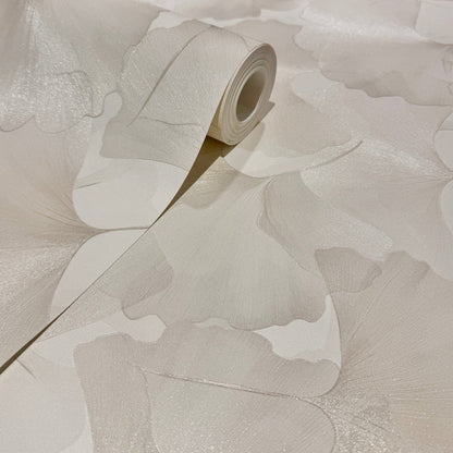 Athena Cream Metallic Gingko Leaf Patterned Wallpaper Home Improvement