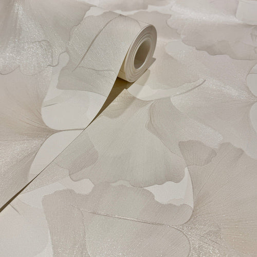 Athena Cream Metallic Gingko Leaf Patterned Wallpaper Home Improvement