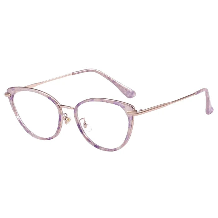 A pair of EyeCandys Aura Cat Eye eyeglasses featuring a translucent purple cat-eye design and thin gold metal arms, displayed on a white background.