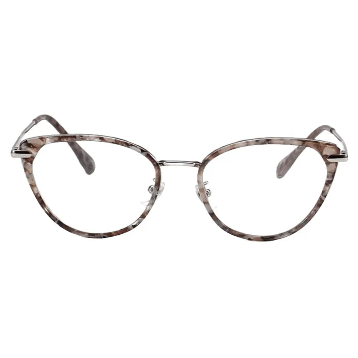 The EyeCandys Aura Cat Eye features a wide fit, rounded cat-eye shape, marbled gray-brown pattern, clear lenses, and silver metal accents on the temples and bridge, displayed against a white background.