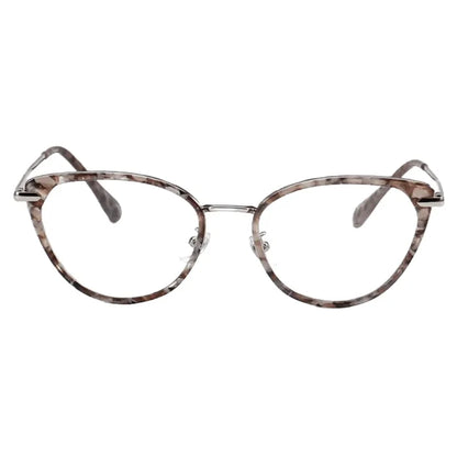 The EyeCandys Aura Cat Eye features a wide fit, rounded cat-eye shape, marbled gray-brown pattern, clear lenses, and silver metal accents on the temples and bridge, displayed against a white background.