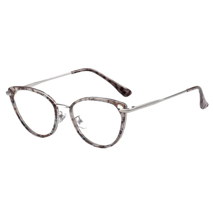 EyeCandys Aura Cat Eye: Wide fit cat-eye glasses in marbled gray and brown, featuring a metal bridge and slim temples, displayed on a white background.