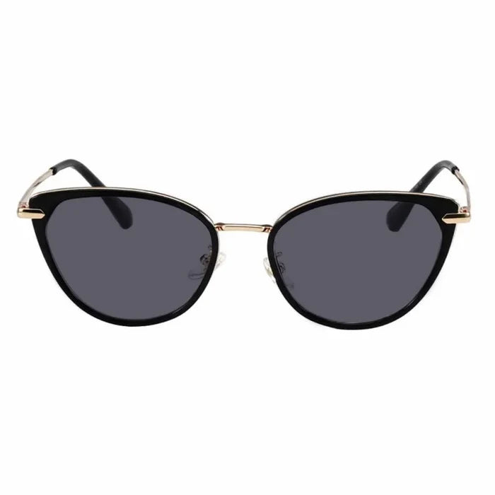 The EyeCandys Aura Cat Eye sunglasses feature black cat-eye frames, dark lenses, and gold accents on the temples and bridge, shown from the front against a white background.