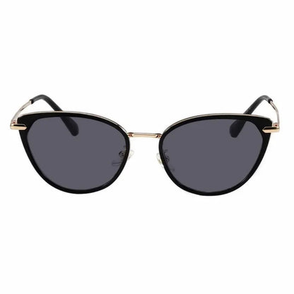 The EyeCandys Aura Cat Eye sunglasses feature black cat-eye frames, dark lenses, and gold accents on the temples and bridge, shown from the front against a white background.
