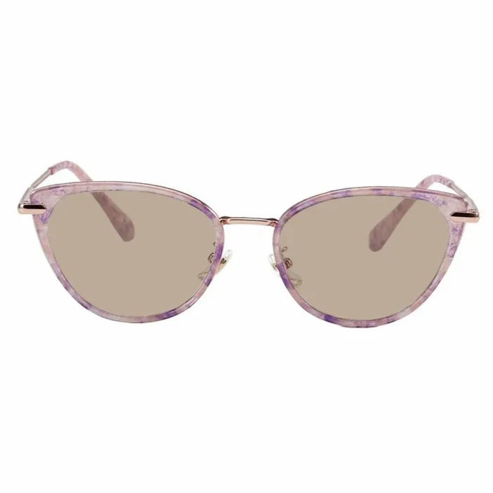 EyeCandys Aura Cat Eye sunglasses feature light purple marbled cat-eye frames, gold accents, and brown tinted lenses. This wide-fit eyewear is shown on a white background for a chic, stylish look.