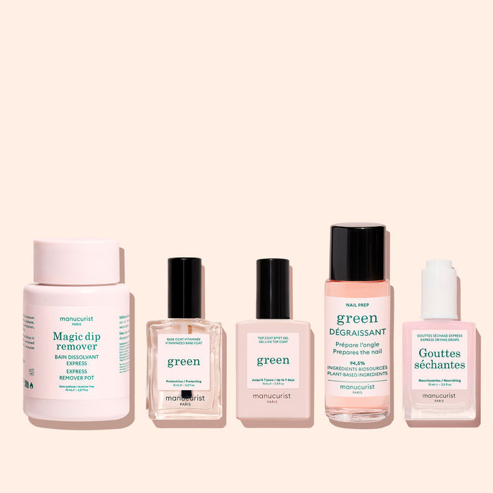 Bain Dissolvant Express + Base Coat Vitaminée + Top Coat + Dégraissant + Gouttes Séchantes