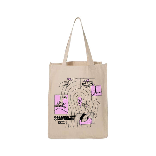 Beige heavy cotton canvas tote bag by Balance And Composure with abstract line art, flowers, purple boxes, a face, hands, "BALANCE AND COMPOSURE" in black at the bottom left, plus side and bottom gussets for extra space.