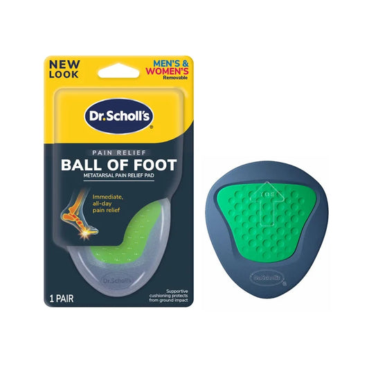 Ball-of-foot metatarsal pain relief pad blister pack with blue backing and green insert
