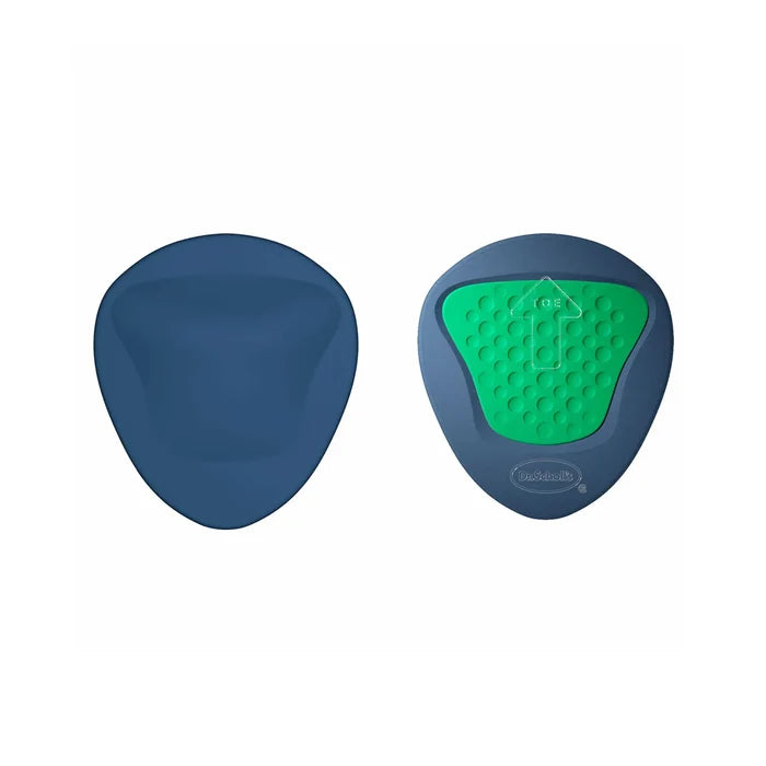 Blue-backed ball-of-foot relief pad with green cushioning insert, viewed from above