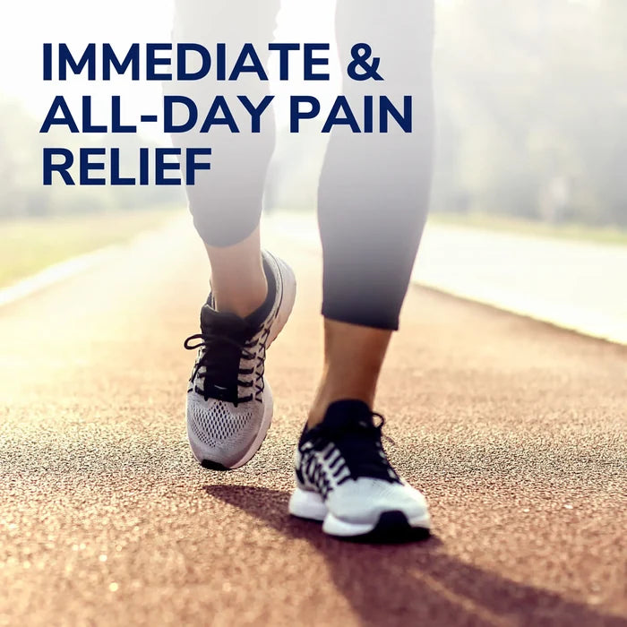 Walking runner shoes on pavement, legs visible with a pain-relief theme