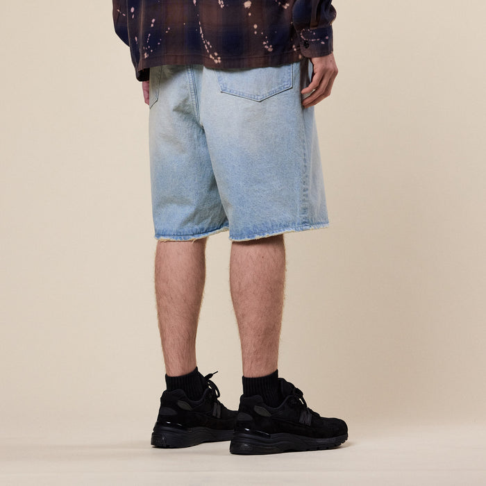 BEAMS - Damage Denim Wide Shorts - Ice Wash