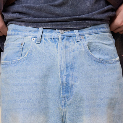 BEAMS - Damage Denim Wide Shorts - Ice Wash
