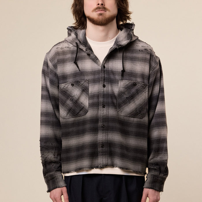 BEAMS - Damage Flannel Hooded Shirt - Black
