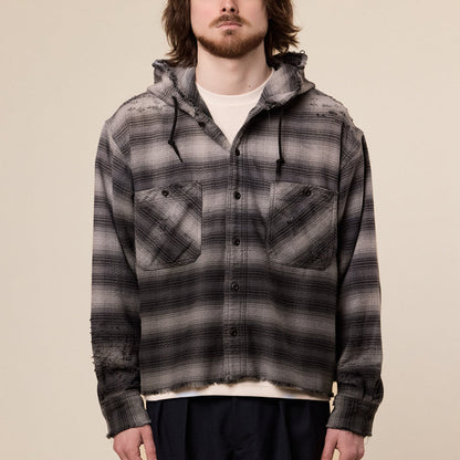 BEAMS - Damage Flannel Hooded Shirt - Black