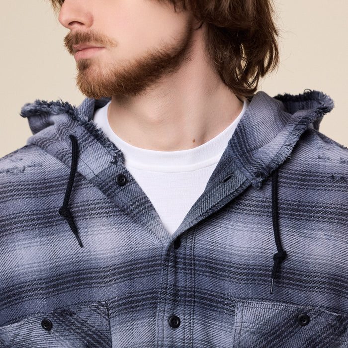 BEAMS - Damage Flannel Hooded Shirt - Black