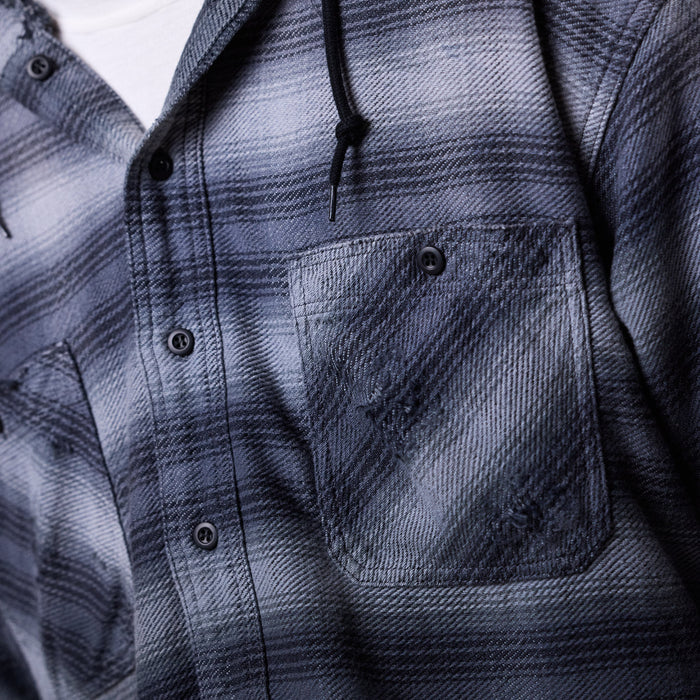 BEAMS - Damage Flannel Hooded Shirt - Black