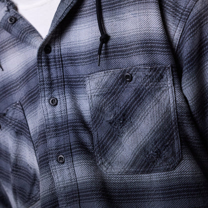 BEAMS - Damage Flannel Hooded Shirt - Black