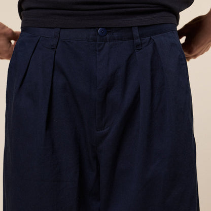 BEAMS - Wide Straight 2 Pleated Chino - Navy Blue