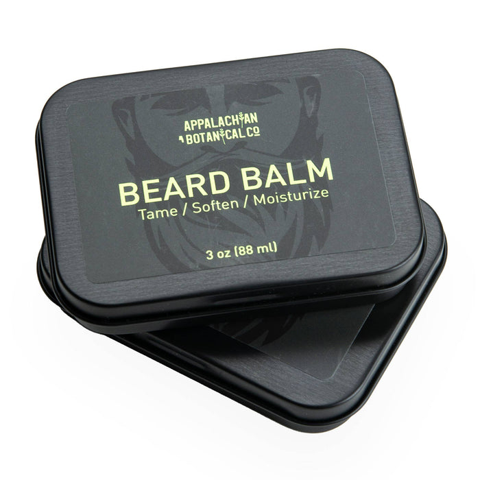 Men's grooming beard balm by Appalachian Botanical Co., natural styling product in a metal tin with a smooth balm texture.
