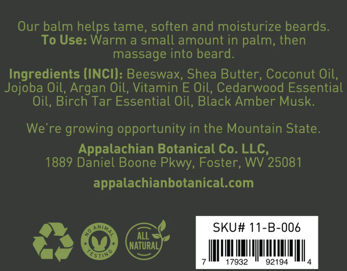 Men's grooming beard balm by Appalachian Botanical Co. with natural ingredients, shown in a jar with a smooth, creamy texture.