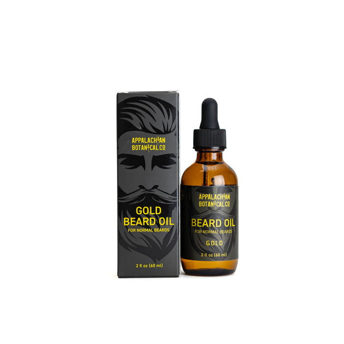 Men's grooming beard oil in a gold bottle by Appalachian Botanical Co. with a dropper cap, designed for softening and conditioning beards.