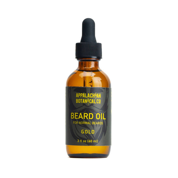 Glass bottle of Appalachian Botanical Co. men's beard oil in gold, with a dropper cap, suitable for grooming and beard care.