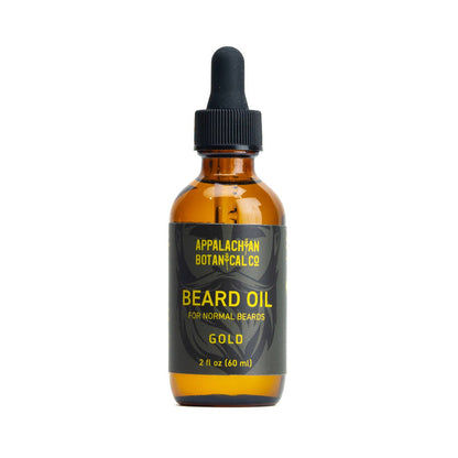 Glass bottle of Appalachian Botanical Co. men's beard oil in gold, with a dropper cap, suitable for grooming and beard care.