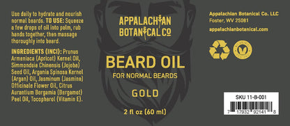 Men's grooming beard oil in a gold bottle by Appalachian Botanical Co. with a sleek, modern design and natural branding.