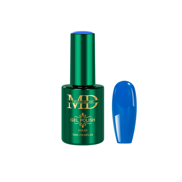 Green gel polish bottle with a blue nail tip color swatch on a white background