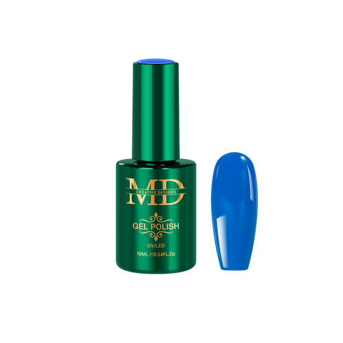 Green gel polish bottle with a blue nail tip color swatch on a white background
