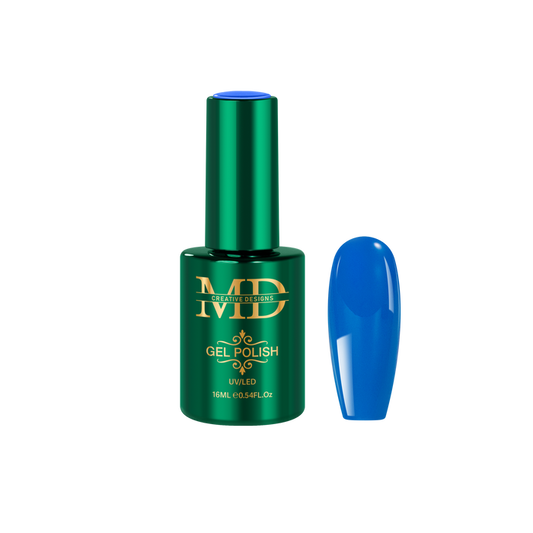 Green gel polish bottle with a blue nail tip color swatch on a white background