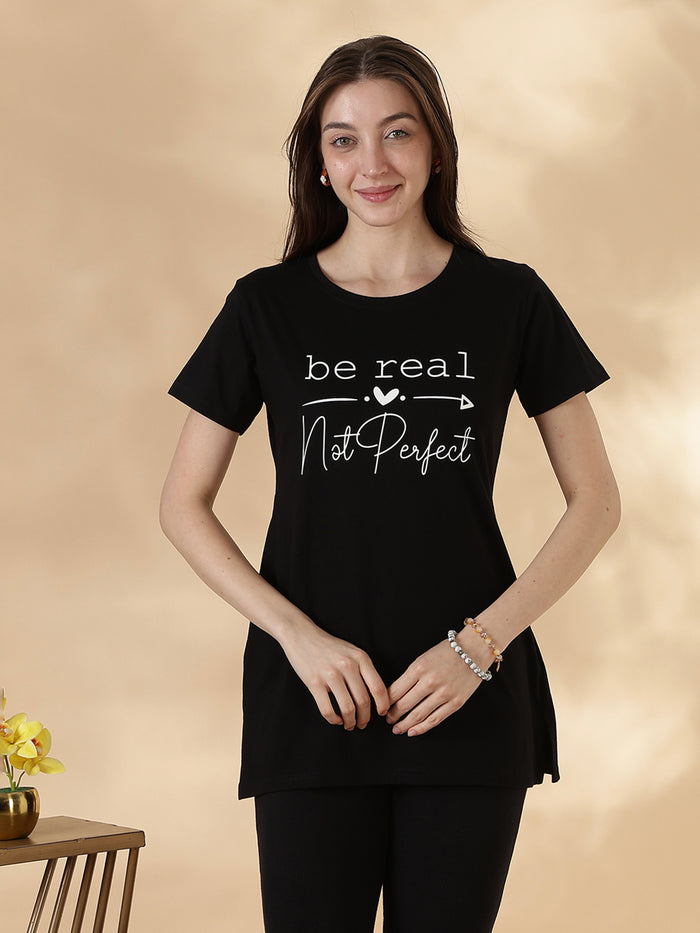 Black cotton soft and printed long tshirt for women