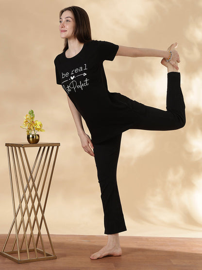 Black cotton soft and printed long tshirt for women