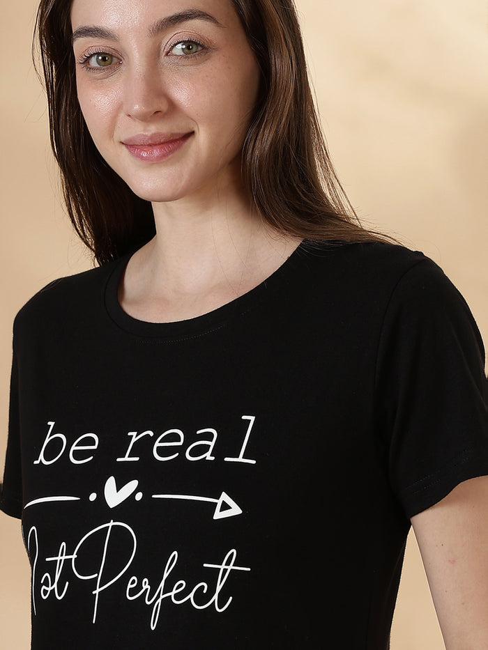 Black cotton soft and printed long tshirt for women