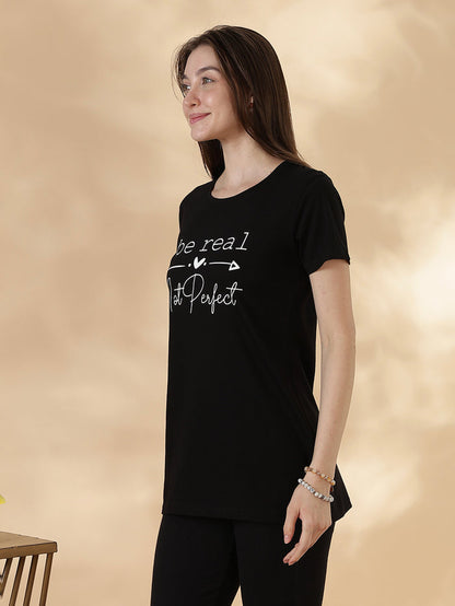 Black cotton soft and printed long tshirt for women