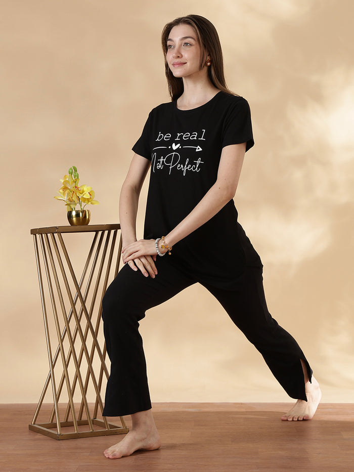 Black cotton soft and printed long tshirt for women