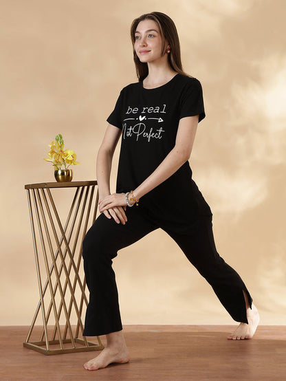 Black cotton soft and printed long tshirt for women