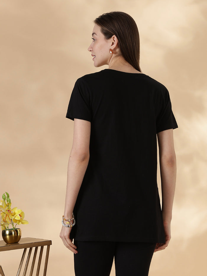 Black cotton soft and printed long tshirt for women